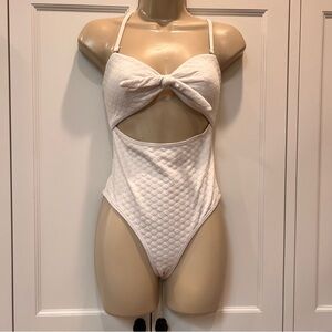 White Quilted One-Piece Swimsuit with Bow Detail